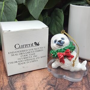 Vintage Current nib white baby seal on ice with wreath Christmas ornament